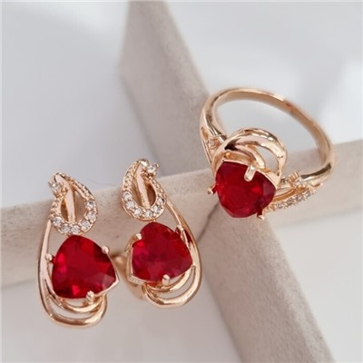 Комплект ювелирная бижутерия коллекция  "Дубай" серьги и кольцо 17 р, покрытие: позолота, вставка: фианиты, цвет: красный и прозрачный, арт.314.765-17