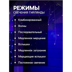 Гирлянда «Бахрома» 4×0.6 м, IP44, белая нить, 180 LED, свечение синее, 8 режимов, 220 В