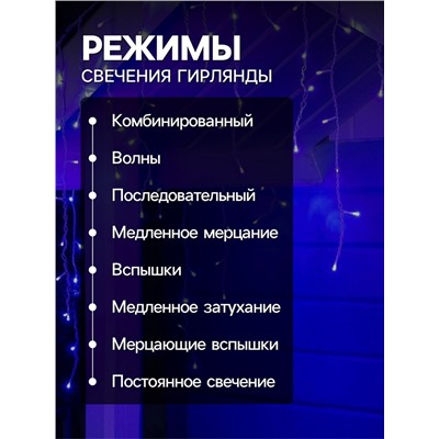 Гирлянда «Бахрома» 4×0.6 м, IP44, белая нить, 180 LED, свечение синее, 8 режимов, 220 В