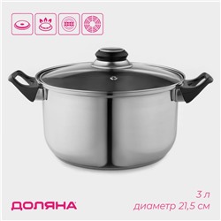 Кастрюля Доляна «Чёрная ночь», 3 л, с крышкой, капсульное дно, нержавеющая сталь