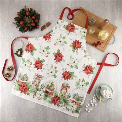 Фартук новогодний «Этель» Christmas red flowers 60×70 см, 100% хл, саржа 190 г/м²