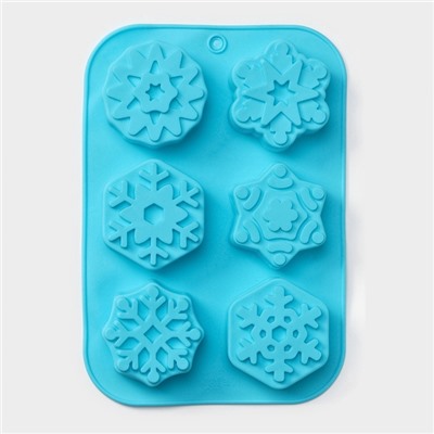 Форма для выпечки Доляна «Новый год. Снежинка», силикон, 26.5×18.5 см, 6 ячеек, голубая