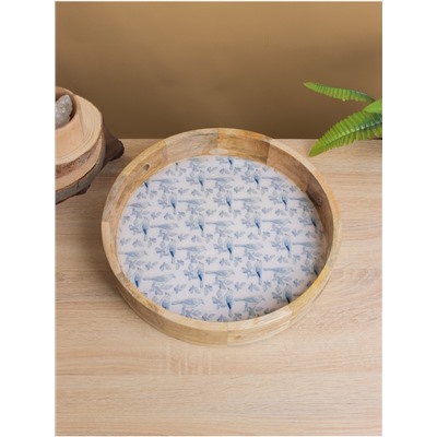 Поднос круглый с бортиками «Синие птицы», 35×35×6.5 см, дерево манго