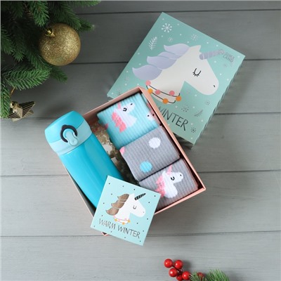 Новогодний подарочный набор термос и носки 3 пары KAFTAN «Единорог», размер 36-39