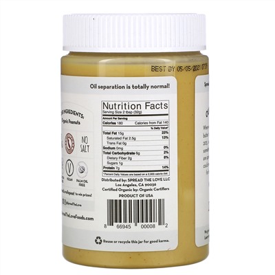 Spread The Love, Organic Peanut Butter, Naked, 16 oz ( 454 g)