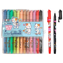 Набор ручек шариковых "Glad cat" 12 цветов, d=0,7 мм, пластиковый корпус