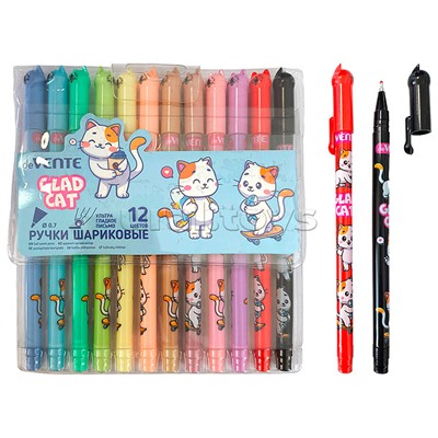 Набор ручек шариковых "Glad cat" 12 цветов, d=0,7 мм, пластиковый корпус