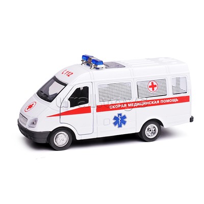 Машина металл ГАЗ -3221 "Газель" Скорая 12,2 см, (двери) инерц, в коробке