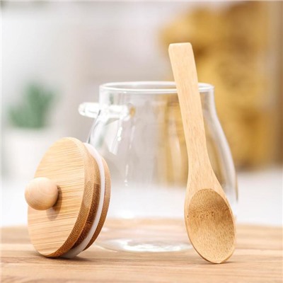 Сахарница «Эко» с ложкой, 480 мл, 9.5×9×12.5 см, с бамбуковой крышкой, стекло, прозрачная