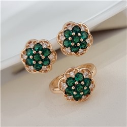 Комплект ювелирной бижутерии коллекция "Дубай" серьги и кольцо 19 р, покрытие позолота, вставка: фианиты, цвет: зеленый, арт.313.206-19