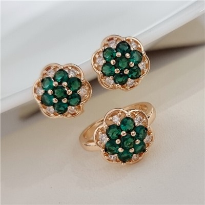 Комплект ювелирной бижутерии коллекция "Дубай" серьги и кольцо 17 р, покрытие позолота, вставка: фианиты, цвет: зеленый, арт.313.206-17