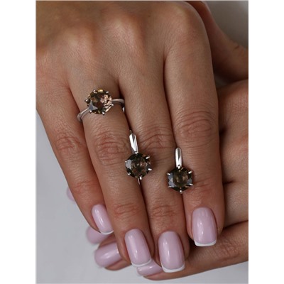 Кольцо из серебра с натуральным раухтопазом родированное 925 пробы к-0103-08-06