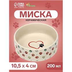Миска керамическая «Яркие Лапки» 200 мл - 10.5×10.5×4 см, бежевая
