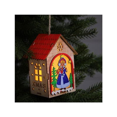 Ёлочная игрушка «Домик со Снегурочкой», 14.5×11×8.5 см, 1 LED, от батареек, свечение тёплое белое