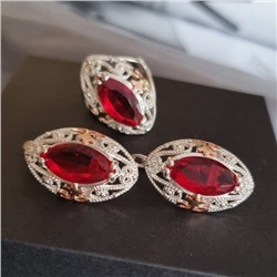 Комплект ювелирной бижутерии коллекция "Дубай",серьги и кольцо покрытие серебрение, вставка: камень красный, р-р 18, 09809, арт.216.375-18