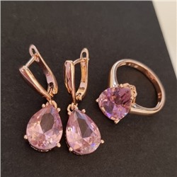 Комплект ювелирная бижутерия коллекция  "Дубай" серьги и кольцо 19 р, покрытие: позолота, вставка: фианит, цвет: розовый, арт.313.086-19