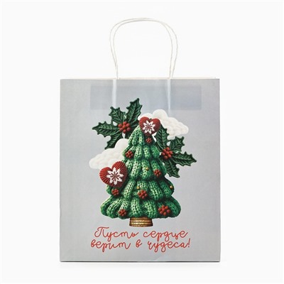Пакет подарочный новогодний «Чудеса», белый крафт, 22×25×12 см