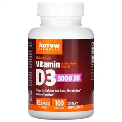 Jarrow Formulas, витамин D3, холекальциферол, 125 мкг (5000 МЕ), 100 капсул