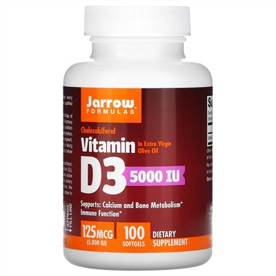 Jarrow Formulas, витамин D3, холекальциферол, 125 мкг (5000 МЕ), 100 капсул