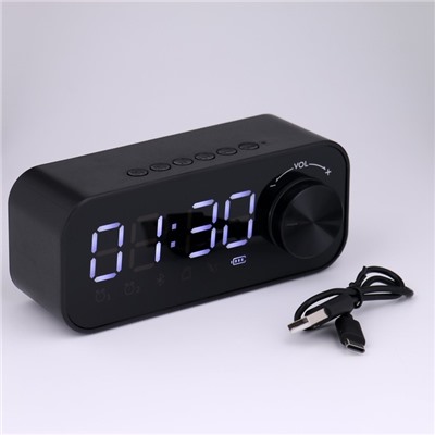 Часы - будильник электронные настольные: колонка, bluetooth, tf-карта, 14.2×6 см, USB, чёрные
