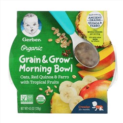 Gerber, Grain & Grow Morning Bowl, органический продукт, для малышей от 10 месяцев, овсянка, красное киноа и полба с тропическими фруктами, 128 г (4,5 унции)