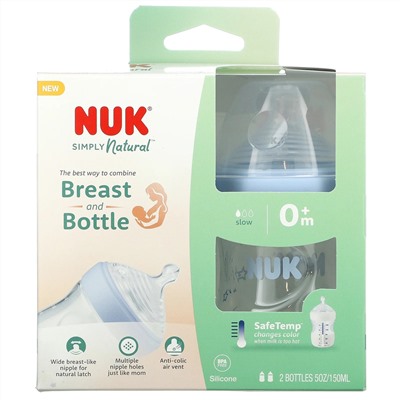 NUK,  Simply Natural Bottles, 0+ Months, Slow, Blue, 2 Bottles, 5 oz (150 ml) Each