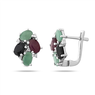 Серьги, изумруд берилл , рубин корунд , сапфир корунд, Пафос