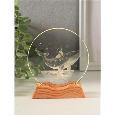 Световая фигурка стекло «Диск. Голограмма: Девочка и кит», 5×LED, d=10 см, USB, 10×4×11.4 см