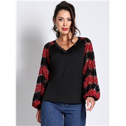 Блузка черная трикотажная с кружевными рукавами