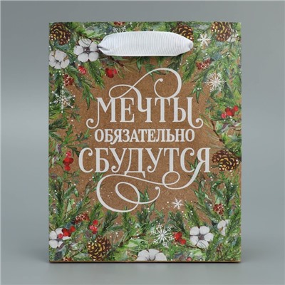 Пакет подарочный новогодний крафтовый «Пусть мечты сбудутся», S 12×15×5.5 см