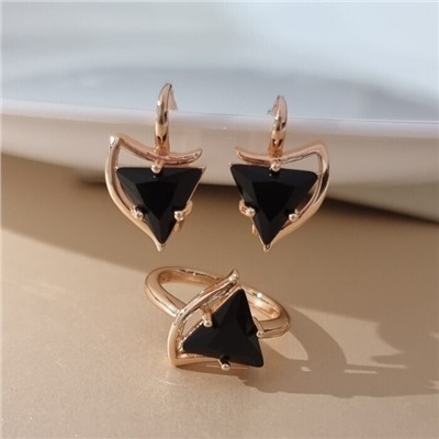 Комплект ювелирной бижутерии коллекция "Дубай" серьги и кольцо 18 р, покрытие позолота, вставка: стекло, цвет: черный, арт.414.261-18