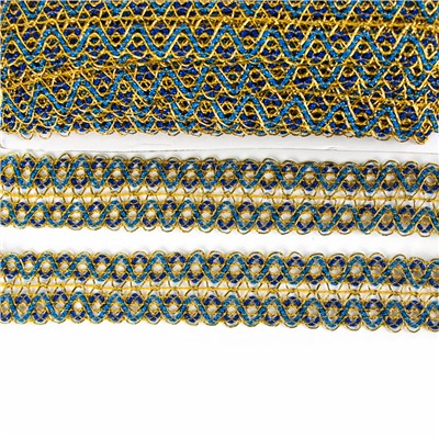 Тесьма «Зигзаг», ширина 3.5 см, в рулоне 25 м, сине-голубо-золотая