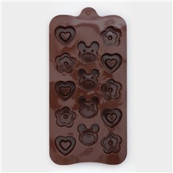 Форма для конфет и шоколада Доляна «Мишка, цветок, сердце», силикон, 19.7×10.5×1.5 см, 14 ячеек, коричневая
