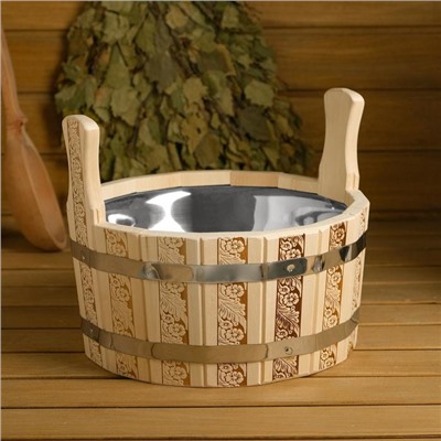 Шайка - таз для бани и сауны «Русские узоры», 6 л, деревянная, нержавеющая вставка, «Добропаровъ»