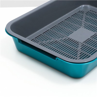 Туалет для кошек, 36×26×6.5 с, средний, с сеткой, пластик, серый, бирюзовый