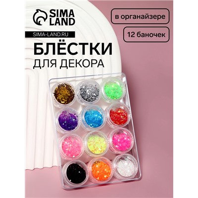 Блёстки для декора, крупные, набор 12 баночек, в пластиковом органайзере, разноцветные