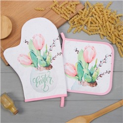 Набор кухонный «Этель. Тюльпаны»: варежка-прихватка 20×28 см, прихватка 19×19 см,100% хлопок