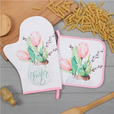 Набор кухонный «Этель. Тюльпаны»: варежка-прихватка 20×28 см, прихватка 19×19 см,100% хлопок