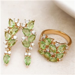 Комплект ювелирная бижутерия коллекция  "Дубай" серьги и кольцо 19 р, покрытие: позолота, вставка: фианиты, цвет: зеленый и прозрачный, арт.313.042-19