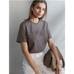 Нарядная футболка с принтом стразами из премиального хлопка с эластаном