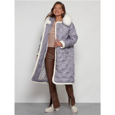Пальто утепленное с капюшоном зимнее женское серого цвета 132290Sr