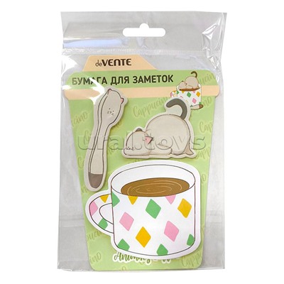 Набор клейкой бумаги для заметок "deVENTE. Animals Coffee. Cat" 80x68 мм, 72x23 мм и 54x35 мм, 3x20 листов, офсет 80 г/м², печать 4+0, ассорти форм, 3 дизайна, в картонном блистере и пластиковом пакете с европодвесом