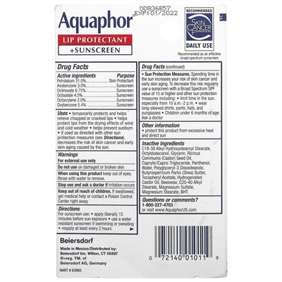 Aquaphor, Lip Protectant + Sunscreen, Broad Spectrum SPF 30,  0.35 fl oz (10 ml)