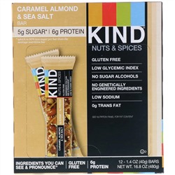 KIND Bars, Nuts & Spices, батончики с карамелью, миндалем и морской солью, 12 батончиков, весом 40 г (1,4 унции) каждый