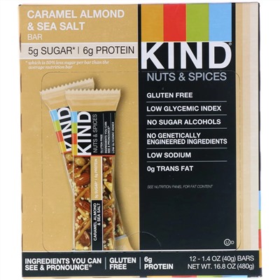 KIND Bars, Nuts & Spices, батончики с карамелью, миндалем и морской солью, 12 батончиков, весом 40 г (1,4 унции) каждый