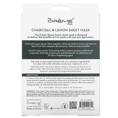 The Creme Shop, Fusion Beauty Sheet Mask, Charcoal Lemonade, 5 Sheets, 4.40 oz (125 g)