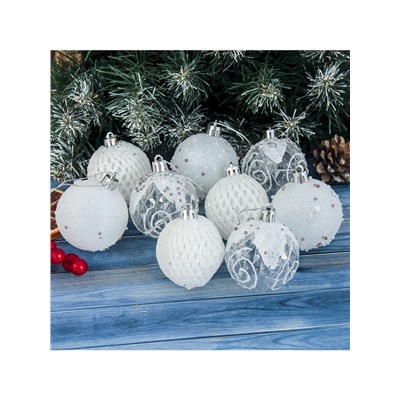 Ёлочные игрушки «Снежная изморозь», шары пластиковые, d=6 см, набор 9 шт., белый