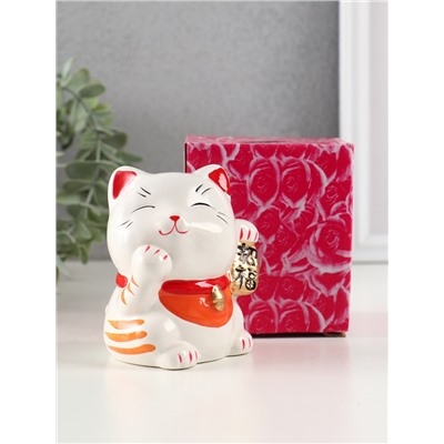 Копилка для денег «Манэки-нэко - иероглиф удача», керамика, оранж, 7.2×8.3×10 см