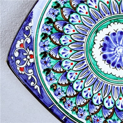 Ляган узбекский Риштанская Керамика «Узоры», 25×4.5 см, квадратный, синий