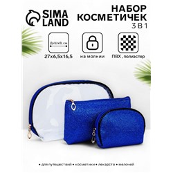 Набор простых косметичек на молниях 3 в 1, синий